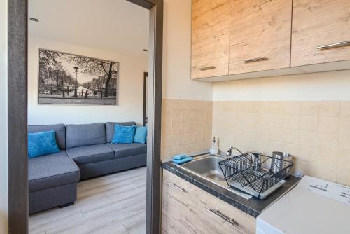 蒂黑Apartments 4 You Niepodległości的厨房以及带沙发和水槽的起居室。
