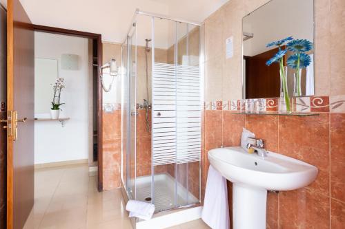 拉克鲁斯水族全球酒店的一间带水槽和淋浴的浴室