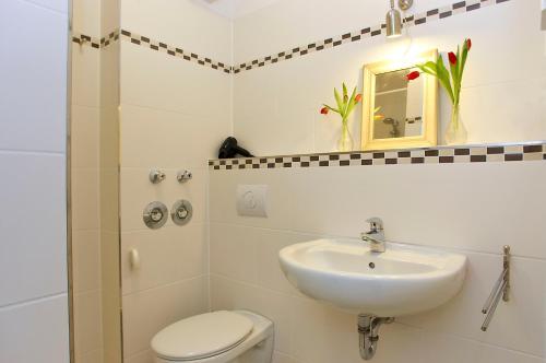 柏林拉加约斯皮公寓 - 斯皮特尔马克特米特 的一间带水槽、卫生间和镜子的浴室