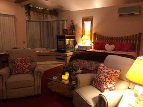 Mount JoyHIllside Farm B & B的客厅配有床、沙发和椅子