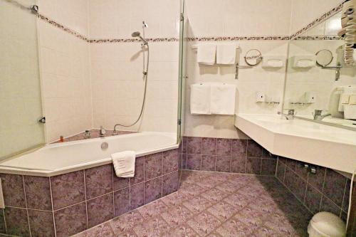 克劳斯尼克Landhotel Krausnick的带浴缸和盥洗盆的浴室