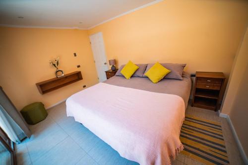 圣何塞德迈波Cajón del Maipo Lodge的卧室配有一张带黄色枕头的大型白色床。