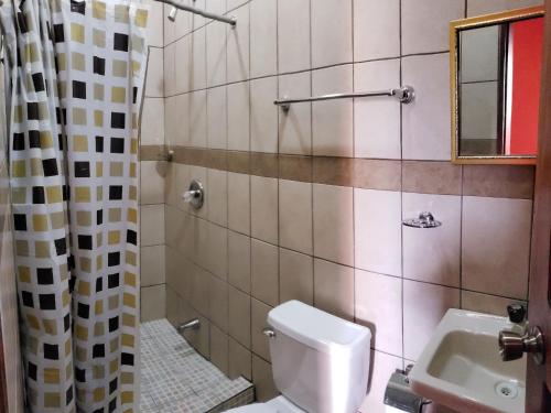 马塔加尔帕Hostal Casa Vieja的一间带卫生间和水槽的浴室