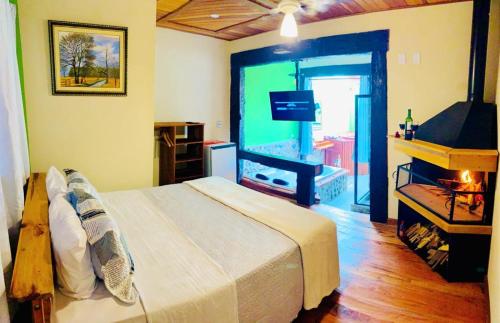 维奥康德马奥Pousada Pináles的一间卧室配有一张大床和电视