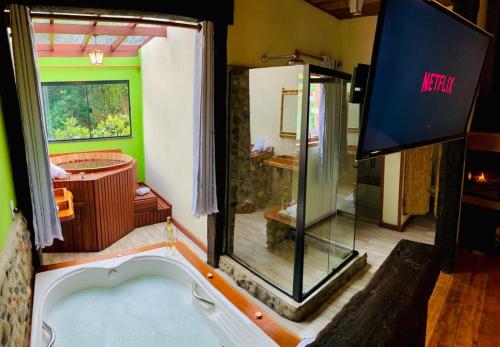 维奥康德马奥Pousada Pináles的一间带按摩浴缸和镜子的浴室