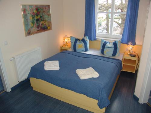 巴贝Apartments Villa Seeblick的一间卧室配有蓝色的床和2条毛巾