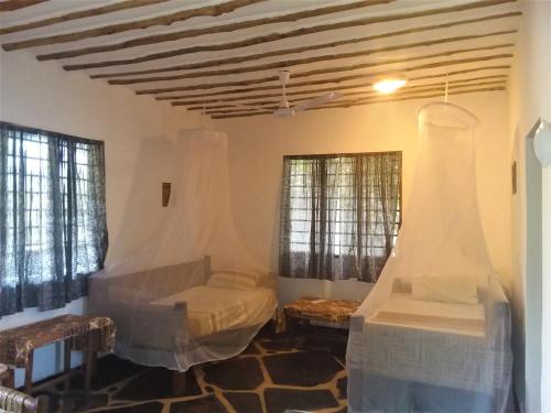迪亚尼海滩Sheba Cottages - Diani Beach的一间卧室设有两张床和两个窗户。