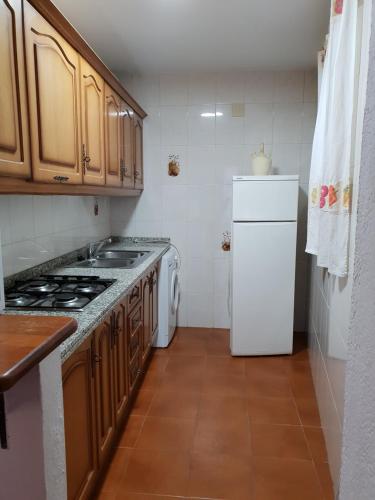 卡皮雷拉Apartamento Ruta de las Nieves的厨房配有炉灶和白色冰箱。