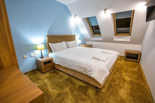 桑丹斯基Hotel Andon Angelov的一间卧室配有一张带白色床单的床和两个窗户。