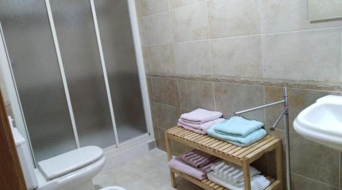 圣西普里安San Ciprian, belleza y tranquilidad.的带淋浴、水槽和毛巾的浴室