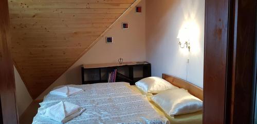 BrădeştiHilltop Guesthouse的一间小卧室,配有一张带楼梯的床