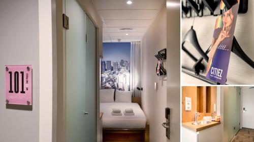 阿姆斯特丹阿姆斯特丹西泰兹酒店的两张图片的酒店客房 - 带一张床和一间浴室