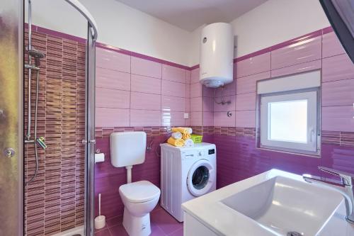 普拉Apartman Modry的粉红色的浴室设有卫生间和洗衣机。