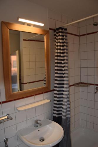 汉堡Hamburger Alm Hotel St. Pauli的浴室配有盥洗盆、镜子和浴缸