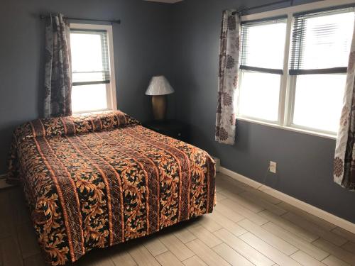 希塞德高地Newly Renovated 2 Bedroom House的一间卧室设有一张床和两个窗户。