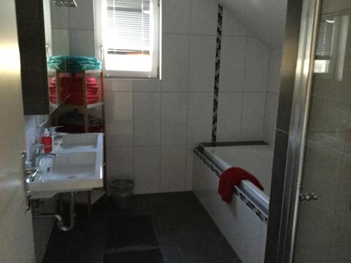RantenHaus Ranten 105的浴室配有盥洗盆和浴缸。