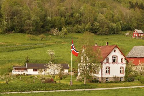 NorddalDalhus - House in the Valley的悬挂在房子前面的美国国旗