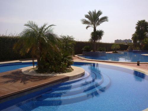 拉曼加戴尔马尔梅纳CORMORANT SUITE, sea terrace & pools的一座棕榈树环绕的大型游泳池