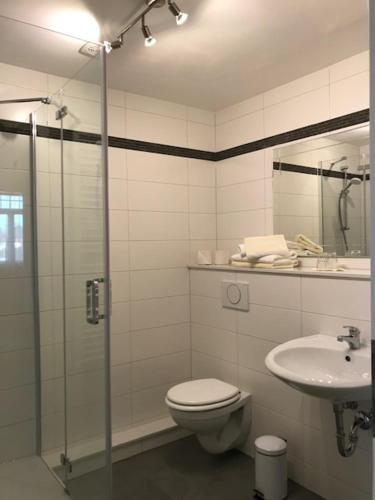 海德瑙厄尔斯酒店的带淋浴、卫生间和盥洗盆的浴室