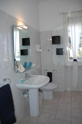 圣温琴佐Ville Paola e Daniela的一间带水槽、卫生间和镜子的浴室