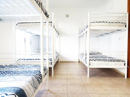 拉戈斯The 17 Party Hostel的客房设有4张双层床,铺有瓷砖地板。