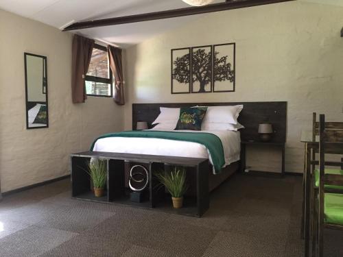 伯诺尼TreeTopia Guesthouse的一间卧室配有一张带绿毯的床