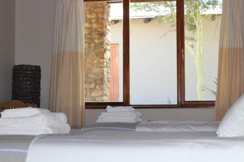 De RustRibboksfontein Guest Farm的一间卧室配有一张带白色床单的床和一扇窗户。
