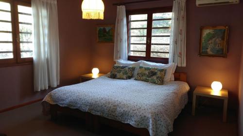 普萨克迪亚Gerakina beach cottage的一间卧室配有床、两扇窗户和两盏灯