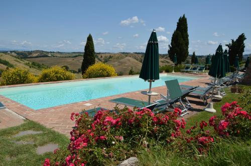 切塔尔多伯德利贝尼泰迪酒店的游泳池配有椅子、遮阳伞和鲜花