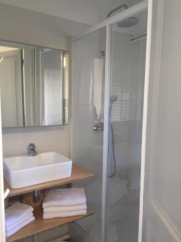 第戎La ptite chouette的白色的浴室设有水槽和淋浴。