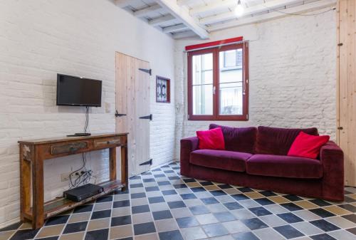 根特Romantic 16th century workers house的客厅配有紫色沙发和电视