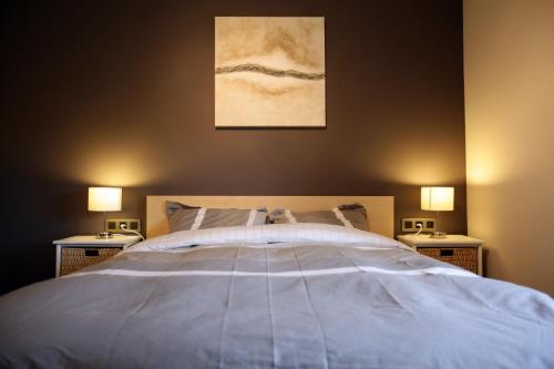 Vaux-sur-SûreLes Sansonnets的一间卧室配有一张带2个床头柜的大床