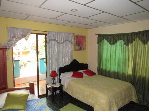 阿约拉港Nelyza's Suites & Adventure的一间卧室设有两张床,窗户设有绿色窗帘