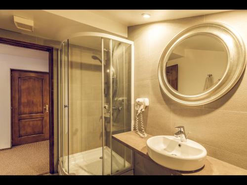 坎皮纳Pensiunea Oscar的一间带水槽、淋浴和镜子的浴室