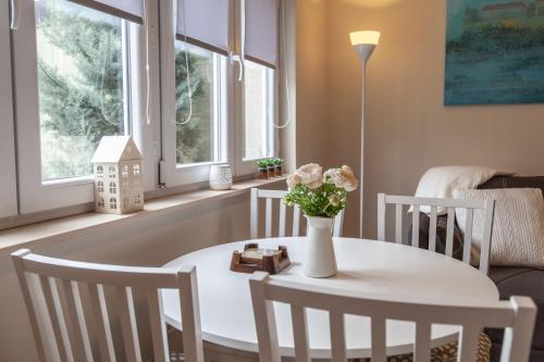 诺维萨德DC Executive Homes的一张带椅子的白色桌子和一个花瓶