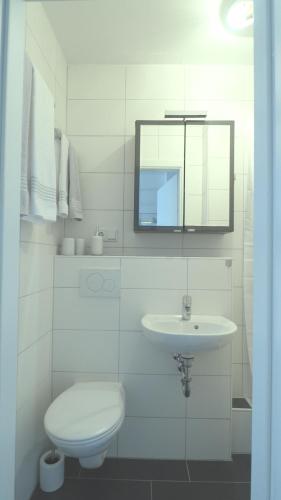 巴特萨尔茨乌夫伦Hotel Schneider-Hof的白色的浴室设有卫生间和水槽。