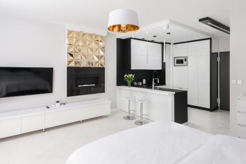 弗罗茨瓦夫Dream4You Apartments的白色的厨房配有大电视和台面