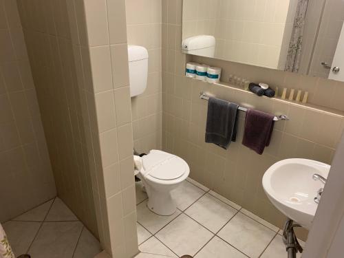 凯瑟琳The Stuart Hotel-Motel的一间带卫生间和水槽的浴室
