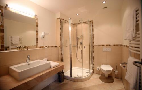 塞埃巴克蒙梅尔湖山区酒店的带淋浴、盥洗盆和卫生间的浴室