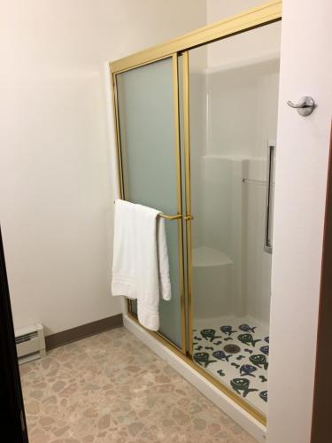 卡利斯佩尔格林伍德村套房酒店的浴室设有玻璃淋浴间和毛巾