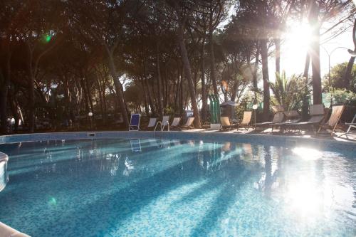格罗塞托港太阳村露营地的一个带椅子和阳光的大型游泳池