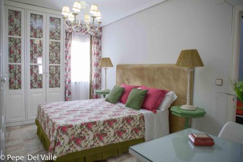科尔多瓦Los patios “ El Carmen”的一间卧室配有带粉色和绿色枕头的床