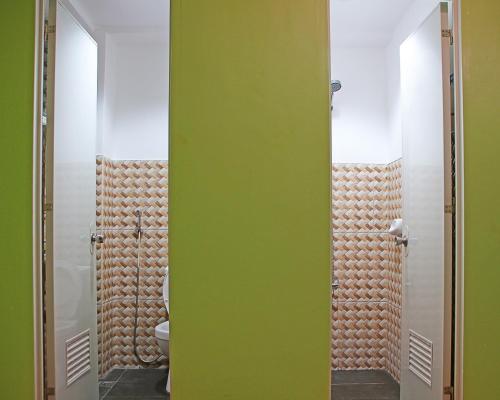 杜马格特Antwet Backpacker's Inn & Rooftop Bar的浴室设有绿色的墙壁和两面镜子