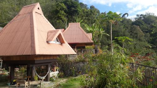 巴纳韦Baleh Boble Guesthouse的棕色屋顶和花园的房子