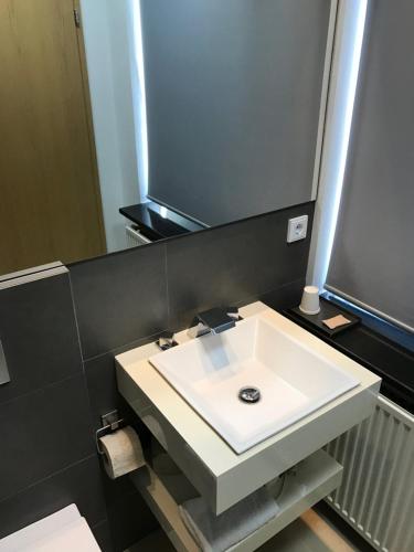 雷克雅未克REK旅馆的浴室设有白色水槽和镜子