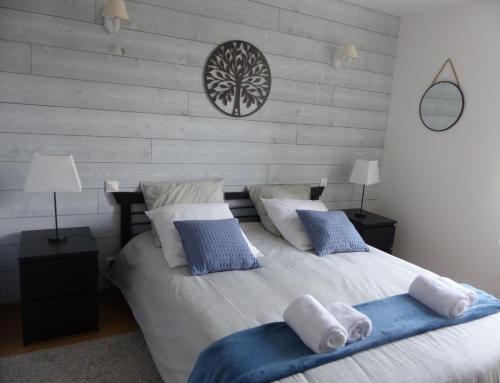 ChâteauvieuxLa maison de Joëlle的一间卧室配有两张带蓝白色枕头的床