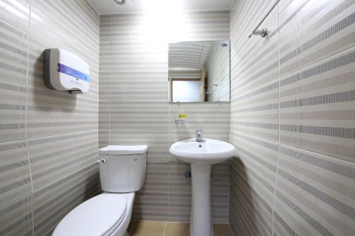 庆州Gyeongju Bee House的一间带卫生间和水槽的浴室