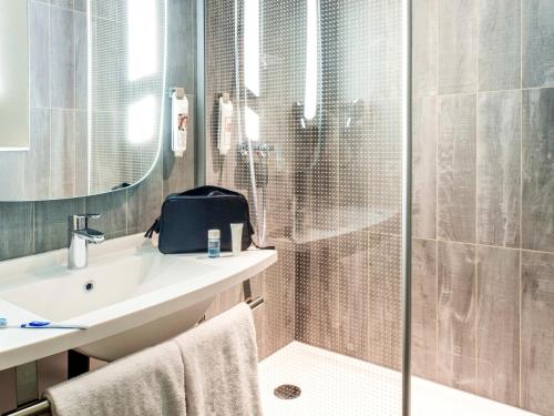 戈内斯ibis Gonesse的带淋浴、盥洗盆和镜子的浴室