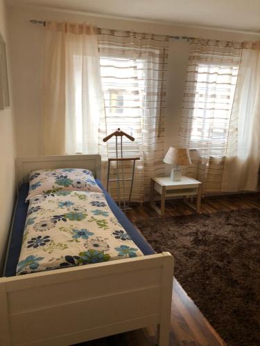 纽伦堡纽伦堡中心城市公寓的卧室配有床、桌子和窗户。