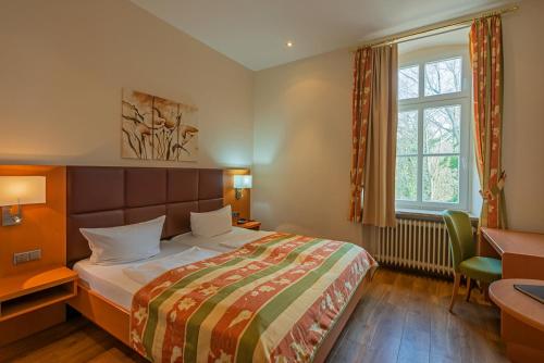 特里尔考克斯伯格冰山酒店的一间卧室配有一张床、一张书桌和一个窗户。